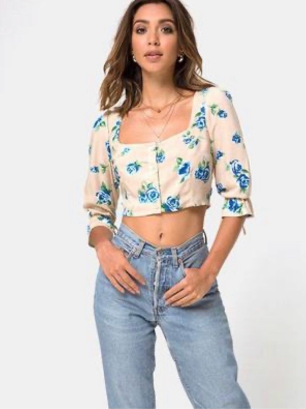 Motel Rocks Cream Crop Top with Blue Floral Print